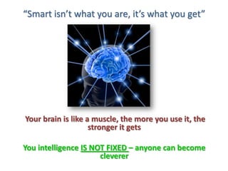 “Smart isn’t what you are, it’s what you get” Your brain is like a muscle, the more you use it, the stronger it getsYou intelligence IS NOT FIXED – anyone can become cleverer