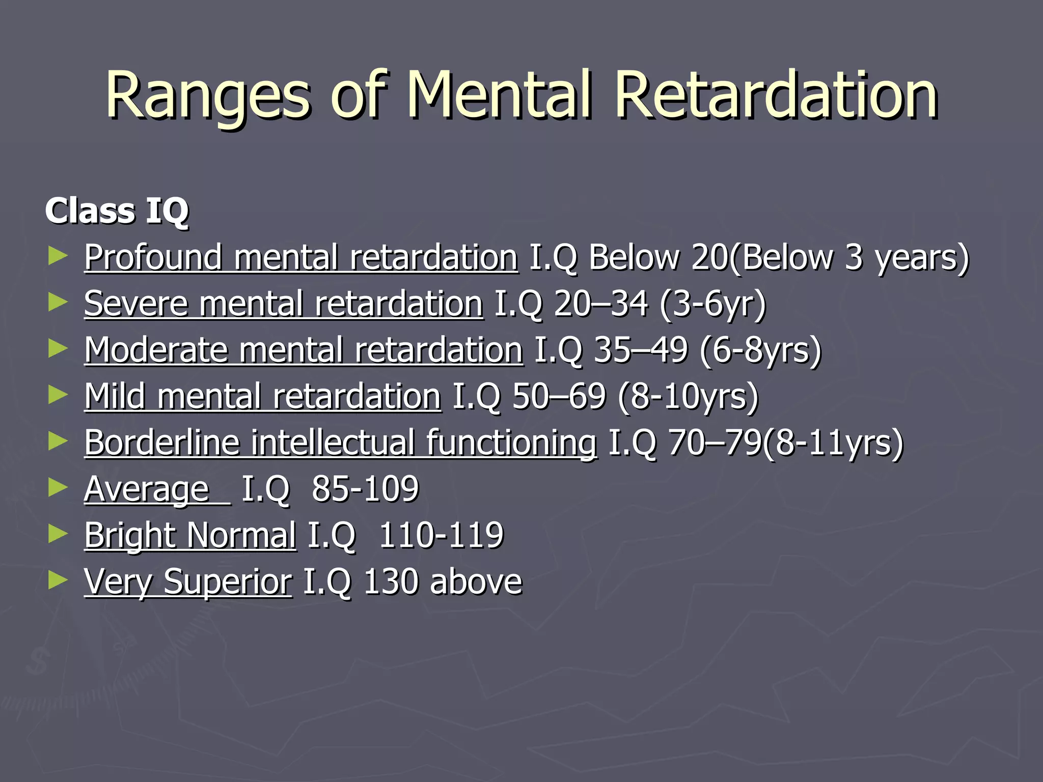 Ranges of Mental Retardation Class IQ Profound mental retardation  I.Q Below 20(Below 3 years)  Severe mental retardation  I.Q 20–34 (3-6yr) Moderate mental retardation  I.Q 35–49 (6-8yrs) Mild mental retardation  I.Q 50–69 (8-10yrs) Borderline intellectual functioning  I.Q 70–79(8-11yrs) Average  I.Q  85-109 Bright Normal  I.Q  110-119 Very Superior  I.Q 130 above 