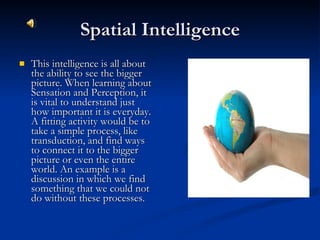 Spatial Intelligence This intelligence is all about the ability to see the bigger picture. When learning about Sensation and Perception, it is vital to understand just how important it is everyday. A fitting activity would be to take a simple process, like transduction, and find ways to connect it to the bigger picture or even the entire world. An example is a discussion in which we find something that we could not do without these processes. 