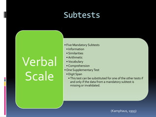 Subtests


         • Five Mandatory Subtests
           • Information
           • Similarities
           • Arithmetic

Verbal     • Vocabulary
           • Comprehension
         • One Supplementary Test

Scale      • Digit Span
             • This test can be substituted for one of the other tests if
               and only if the data from a mandatory subtest is
               missing or invalidated.




                                              (Kamphaus, 1993)
 