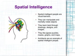 Spatial Intelligence
           ●   Spatial intelligent people are
               visual learners.
           ●   They can manipulate and
               mentally rotate objects
           ●   They learn best through
               drawings, designs, and
               images.
           ●   They like jigsaw puzzles,
               mazes, graphs, and maps.
           ●   Architects are an example of
               spatial intelligent people.
 