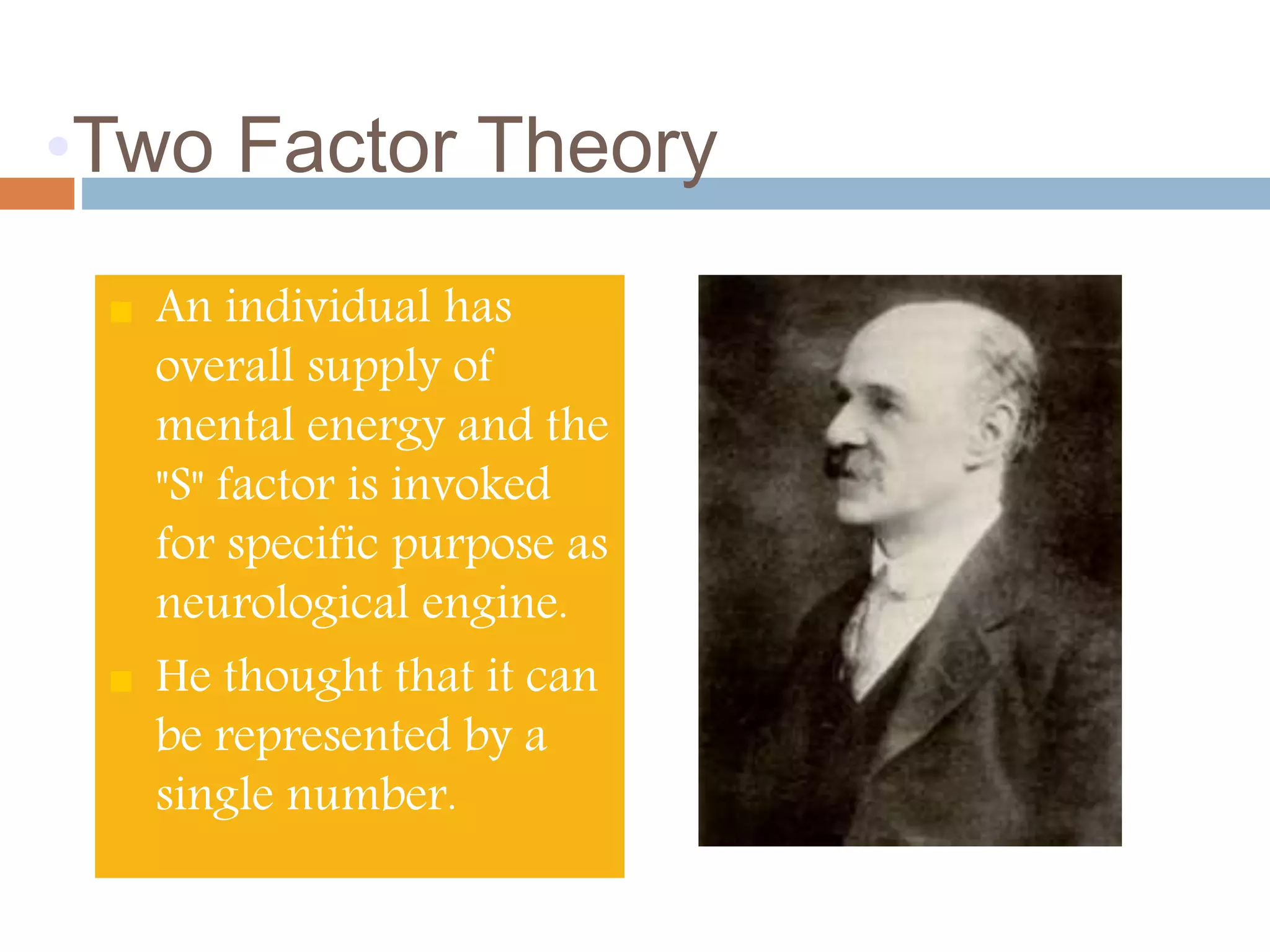 •Two Factor Theory 
 An individual has 
overall supply of 
mental energy and the 
"S" factor is invoked 
for specific purpose as 
neurological engine. 
 He thought that it can 
be represented by a 
single number. 
 