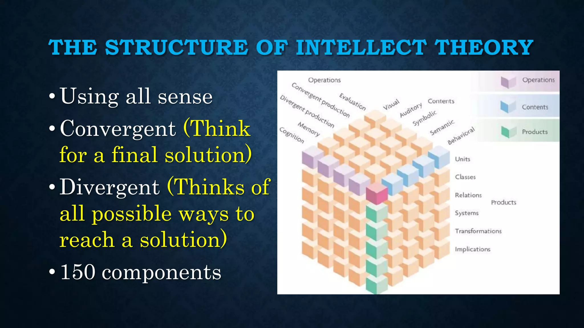 THE STRUCTURE OF INTELLECT THEORY
• Using all sense
• Convergent (Think
for a final solution)
• Divergent (Thinks of
all possible ways to
reach a solution)
• 150 components
 
