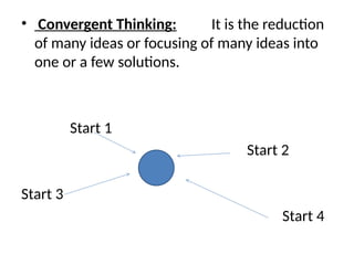 • Convergent Thinking: It is the reduction
of many ideas or focusing of many ideas into
one or a few solutions.
Start 1
Start 2
Start 3
Start 4
 