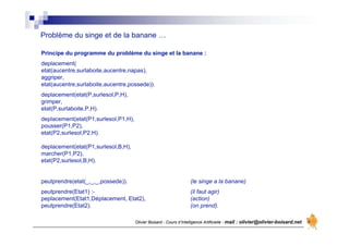 Olivier Boisard - Cours d’Intelligence Artificielle - mail : olivier@olivier-boisard.net
Problème du singe et de la banane …
Principe du programme du problème du singe et la banane :
deplacement(
etat(aucentre,surlaboite,aucentre,napas),
aggriper,
etat(aucentre,surlaboite,aucentre,possede)).
deplacement(etat(P,surlesol,P,H),
grimper,
etat(P,surlaboite,P,H).
deplacement(etat(P1,surlesol,P1,H),
pousser(P1,P2),
etat(P2,surlesol,P2,H).
deplacement(etat(P1,surlesol,B,H),
marcher(P1,P2),
etat(P2,surlesol,B,H).
peutprendre(etat(_,_,_,possede)). (le singe a la banane)
peutprendre(Etat1) :- (il faut agir)
peplacement(Etat1,Déplacement, Etat2), (action)
peutprendre(Etat2). (on prend).
 