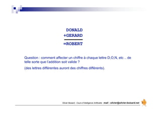 Olivier Boisard - Cours d’Intelligence Artificielle - mail : olivier@olivier-boisard.net
DONALD
+GERARD
=ROBERT
Question : comment affecter un chiffre à chaque lettre D,O,N, etc .. de
telle sorte que l’addition soit valide ?
(des lettres différentes auront des chiffres différents).
 