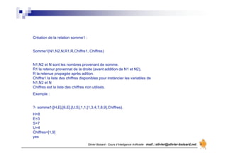 Olivier Boisard - Cours d’Intelligence Artificielle - mail : olivier@olivier-boisard.net
Création de la relation somme1 :
Somme1(N1,N2,N,R1,R,Chiffre1, Chiffres)
N1,N2 et N sont les nombres provenant de somme.
R1 la retenur provennat de la droite (avant addition de N1 et N2),
R la retenue propagée après adition.
Chiffre1 la liste des chiffres disponibles pour instancier les variables de
N1,N2 et N
Chiffres est la liste des chiffres non utilisés.
Exemple :
?- somme1([H,E],[6,E],[U,S],1,1,[1,3,4,7,8,9],Chiffres).
H=8
E=3
S=7
U=4
Chiffres=[1,9]
yes
 