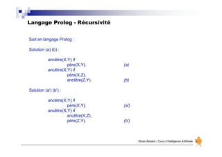 Langage Prolog - Récursivité
Olivier Boisard - Cours d’Intelligence Artificielle
Soit en langage Prolog :
Solution (a) (b) :
ancêtre(X,Y) if
père(X,Y). (a)
ancêtre(X,Y) if
père(X,Z),
ancêtre(Z,Y). (b)
Solution (a') (b') :
ancêtre(X,Y) if
père(X,Y). (a')
ancêtre(X,Y) if
ancêtre(X,Z),
père(Z,Y). (b')
 