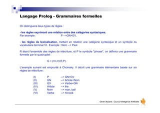 Langage Prolog - Grammaires formelles
Olivier Boisard - Cours d’Intelligence Artificielle
On distinguera deux types de règles :
- les règles exprimant une relation entre des catégories syntaxiques.
Par exemple : P -->GN+GV.
- les règles de lexicalisation, mettant en relation une catégorie syntaxique et un symbole du
vocabulaire terminal Vt . Exemple : Nom --> Paul.
R étant l'ensemble des règles de réécriture, et P le symbole "phrase", on définira une grammaire
formelle par le quadruplet :
G = (Vn,Vt,R,P).
L'exemple suivant est emprunté à Chomsky. Il décrit une grammaire élémentaire basée sur six
règles de réécriture :
(I) P --> GN+GV
(II) GN --> Article+Nom
(III) GV --> Verbe+GN
(IV) Article --> the
(V) Nom --> man, ball
(VI) Verbe --> hit,took
 