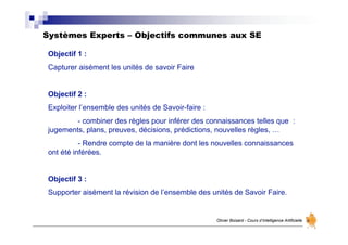 Systèmes Experts – Objectifs communes aux SE
Olivier Boisard - Cours d’Intelligence Artificielle
Objectif 1 :
Capturer aisément les unités de savoir Faire
Objectif 2 :
Exploiter l’ensemble des unités de Savoir-faire :
- combiner des règles pour inférer des connaissances telles que :
jugements, plans, preuves, décisions, prédictions, nouvelles règles, …
- Rendre compte de la manière dont les nouvelles connaissances
ont été inférées.
Objectif 3 :
Supporter aisément la révision de l’ensemble des unités de Savoir Faire.
 