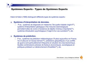 Systèmes Experts - Types de Systèmes Experts
Olivier Boisard - Cours d’Intelligence Artificielle
Haton & Haton (1989) distinguent différents types de systèmes experts :
 Systèmes d'interprétation de données.
 P.ex., systèmes de diagnostic en médecine ("de quelle maladie s'agit-il?"),
système d'interprétation géologique ("les mesures seismologiques
permettent-elles de croire à l'existence de dépôts minéraux importants?"),
systèmes d'évaluation psychologique ("s'agit-il d'un cas suicidaire?"), etc.
 Systèmes de prédiction.
 P.ex., systèmes de prédiction météorologique ("Il pleut aujourd'hui en France.
Va-t-il pleuvoir en Suisse demain?"), prédictions géopolitiques ("Les conflits
de guerre sont particulièrement fréquents en situation de crise économique.
Quelles combinaisons précises de facteurs économiques, sociologiques et
politiques prédisent un déclenchement d'hostilités?"), etc.
 
