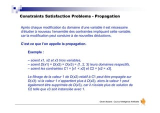 Constraints Satisfaction Problems - Propagation
Olivier Boisard - Cours d’Intelligence Artificielle
Après chaque modification du domaine d’une variable il est nécessaire
d’étudier à nouveau l’ensemble des contraintes impliquant cette variable,
car la modification peut conduire à de nouvelles déductions.
C’est ce que l’on appelle la propagation.
Exemple :
– soient x1, x2 et x3 trois variables,
– soient D(x1) = D(x2) = D(x3) = {1, 2, 3} leurs domaines respectifs,
– soient les contraintes C1 = [x1 < x2] et C2 = [x2 = x3].
Le filtrage de la valeur 1 de D(x2) relatif à C1 peut être propagée sur
D(x3): si la valeur 1 n’appartient plus à D(x2), alors la valeur 1 peut
également être supprimée de D(x3), car il n’existe plus de solution de
C2 telle que x3 soit instanciée avec 1.
 