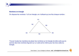 Olivier Boisard - Cours d’Intelligence Artificielle - mail : olivier@olivier-boisard.net
Nombres en triangle
On dispose les nombres 1 à 6 en triangle, en n’utilisant qu’une fois chaque nombre :
N1
N2
N3
N4
N5
N6
Trouver toutes les manières de placer les nombres sur le triangle de telle sorte que la
somme des trois nombres figurant sur un coté soit la même pour les trois cotés du
triangle.
 