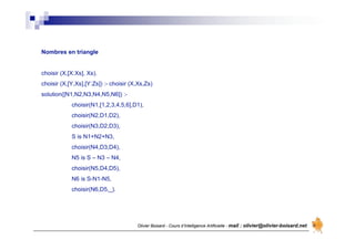 Olivier Boisard - Cours d’Intelligence Artificielle - mail : olivier@olivier-boisard.net
Nombres en triangle
choisir (X,[X:Xs], Xs).
choisir (X,[Y,Xs],[Y:Zs]) :- choisir (X,Xs,Zs)
solution([N1,N2,N3,N4,N5,N6]) :-
choisir(N1,[1,2,3,4,5,6],D1),
choisir(N2,D1,D2),
choisir(N3,D2,D3),
S is N1+N2+N3,
choisir(N4,D3,D4),
N5 is S – N3 – N4,
choisir(N5,D4,D5),
N6 is S-N1-N5,
choisir(N6,D5,_).
 