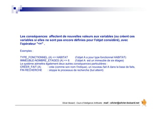 Olivier Boisard - Cours d’Intelligence Artificielle - mail : olivier@olivier-boisard.net
Les conséquences affectent de nouvelles valeurs aux variables (ou créent ces
variables si elles ne sont pas encore définies pour l'objet considéré), avec
l'opérateur "<=" .
Exemples :
TYPE_FONCTIONNEL (A) <= HABITAT (l'objet A a pour type fonctionnel HABITAT)
IMMEUBLE-NOMBRE_ETAGES (A) <= 6 (l'objet A est un immeuble de six étages)
Le système admettra également deux autres conséquences particulières :
CRÉER_FAIT (A) : crée (comme son nom l'indique), un nouveau fait A dans la base de faits,
FIN RECHERCHE : stoppe le processus de recherche (but atteint)
 