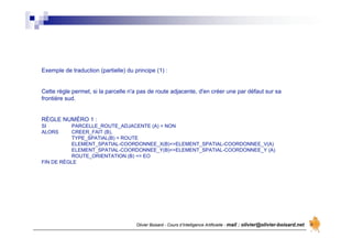 Olivier Boisard - Cours d’Intelligence Artificielle - mail : olivier@olivier-boisard.net
Exemple de traduction (partielle) du principe (1) :
Cette règle permet, si la parcelle n'a pas de route adjacente, d'en créer une par défaut sur sa
frontière sud.
RÈGLE NUMÉRO 1 :
SI PARCELLE_ROUTE_ADJACENTE (A) = NON
ALORS CREER_FAIT (B),
TYPE_SPATIAL(B) = ROUTE
ELEMENT_SPATIAL-COORDONNEE_X(B)<=ELEMENT_SPATIAL-COORDONNEE_V(A)
ELEMENT_SPATIAL-COORDONNEE_Y(B)<=ELEMENT_SPATIAL-COORDONNEE_Y (A)
ROUTE_ORIENTATION (B) <= EO
FIN DE RÈGLE
 