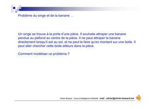 Olivier Boisard - Cours d’Intelligence Artificielle - mail : olivier@olivier-boisard.net
Problème du singe et de la banane …
Un singe se trouve à la porte d’une pièce. Il souhaite attraper une banane
pendue au plafond au centre de la pièce. Il ne peut attraper la banane
directement lorsqu’il est au sol, et ne peut le faire qu’en montant sur une boite. Il
peut aller chercher cette boite ailleurs dans la pièce.
Comment modéliser ce problème ?
 