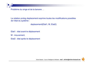 Olivier Boisard - Cours d’Intelligence Artificielle - mail : olivier@olivier-boisard.net
Problème du singe et de la banane …
La relation prolog deplacement exprime toutes les modifications possibles
de l’état du système :
deplacement(Etat1, M, Etat2)
Etat1 : état avant le déplacement
M : mouvement,
Etat2 : état après le déplacement
 