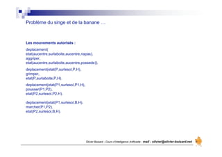 Olivier Boisard - Cours d’Intelligence Artificielle - mail : olivier@olivier-boisard.net
Problème du singe et de la banane …
Les mouvements autorisés :
deplacement(
etat(aucentre,surlaboite,aucentre,napas),
aggriper,
etat(aucentre,surlaboite,aucentre,possede)).
deplacement(etat(P,surlesol,P,H),
grimper,
etat(P,surlaboite,P,H).
deplacement(etat(P1,surlesol,P1,H),
pousser(P1,P2),
etat(P2,surlesol,P2,H).
deplacement(etat(P1,surlesol,B,H),
marcher(P1,P2),
etat(P2,surlesol,B,H).
 