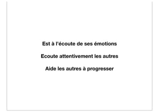 Est à l’écoute de ses émotions

Ecoute attentivement les autres

 Aide les autres à progresser
 