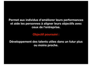 Permet aux individus d’améliorer leurs performances
 et aide les personnes à aligner leurs objectifs avec
                 ceux de l’entreprise.

                 Objectif poursuivi :

Développement des talents utiles dans un futur plus
               ou moins proche.
 