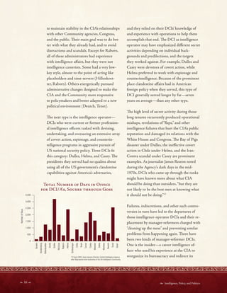  16   Intelligence, Policy, and Politics:
to maintain stability in the CIA’s relationships
with other Community agencies, Congress,
and the public. Teir main goal was to do bet-
ter with what they already had, and to avoid
distractions and scandals. Except for Raborn,
all of these administrators had experience
with intelligence afairs, but they were not
intelligence careerists. Some had a very low-
key style, almost to the point of acting like
placeholders and time-servers (Hillenkoet-
ter, Raborn). Others energetically pursued
administrative changes designed to make the
CIA and the Community more responsive
to policymakers and better adapted to a new
political environment (Deutch, Tenet).
Te next type is the intelligence operator—
DCIs who were current or former profession-
al intelligence ofcers tasked with devising,
undertaking, and overseeing an extensive array
of covert action, espionage, and counterin-
telligence programs in aggressive pursuit of
US national security policy. Tree DCIs ft
this category: Dulles, Helms, and Casey. Te
presidents they served had no qualms about
using all of the US government’s clandestine
capabilities against America’s adversaries,
T˜°˛˝ N˙ˆˇ˘ ˜ D˛  O˘
˜ DCI/A’, S˜˙˘ °˜˙ G˜
3,500
3,000
2,500
2,000
1,500
1,000
500
0
and they relied on their DCIs’ knowledge of
and experience with operations to help them
accomplish that end. Te DCI as intelligence
operator may have emphasized diferent secret
activities depending on individual back-
grounds and predilections, and the targets
they worked against. For example, Dulles and
Casey were devotees of covert action, while
Helms preferred to work with espionage and
counterintelligence. Because of the prominent
place clandestine afairs had in American
foreign policy when they served, this type of
DCI generally served longer by far—seven
years on average—than any other type.
Te high level of secret activity during those
long tenures recurrently produced operational
mishaps, revelations of “faps,” and other
intelligence failures that hurt the CIA’s public
reputation and damaged its relations with the
White House and Congress. Te Bay of Pigs
disaster under Dulles, the inefective covert
action in Chile under Helms, and the Iran-
Contra scandal under Casey are prominent
examples. As journalist James Reston noted
during the Agency’s dark days in the mid-
1970s, DCIs who came up through the ranks
might have known more about what CIA
should be doing than outsiders,“but they are
not likely to be the best men at knowing what
it should not be doing.”15
Failures, indiscretions, and other such contro-
versies in turn have led to the departures of
those intelligence-operator DCIs and their re-
placement by manager-reformers charged with
“cleaning up the mess” and preventing similar
problems from happening again. Tere have
been two kinds of manager-reformer DCIs.
Number
of
Days
Souers
Vandenberg
Hillenkoetter
Smith
Dulles
McCone
Raborn
Helms
Schlesinger
Colby
Bush
Turner
Casey
Webster
Gates
Woolsey
Deutch
Tenet
Goss*
One is the insider—a career intelligence of-
fcer who used his experience at the CIA to
reorganize its bureaucracy and redirect its
*21 April 2005, Goss became Director, Central Intelligence Agency
after Negroponte took leadership of the US Intelligence Community.
 