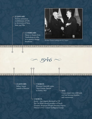 President Truman speaking with DCI Souers.
22 JANUARY.
Truman announces
establishment of CIG
to Secretaries of Navy,
State, and War
12 FEBRUARY.
Memo to Souers from
Vandenberg on who
is to monitor foreign
broadcasts
23 JANUARY.
Sidney Souers
named as Director
5 MARCH.
Winston Churchill makes
“Iron Curtain Speech”
in Fulton, MO MAY.
Greece erupts into a full-scale
civil war between loyalists
and communists
2 MARCH.
Soviet – Iran dispute discussed in UN
Ho Chi Minh elected president of North
Vietnam, Kingman Douglas becomes Deputy
Director of the Central Intelligence Group
 