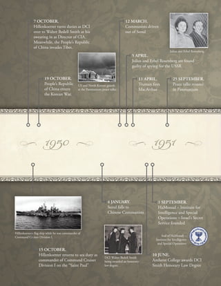 ’
:!f2_50
7 OCTOBER.
Hillenkoetter turns duties as DCI
over to Walter Bedell Smith at his
swearing in as Director of CIA.
Meanwhile, the People’s Republic
of China invades Tibet.
19 OCTOBER.
People’s Republic
of China enters at the Panmunjum peace talks.
the Korean War.
US and North Korean guards
12 MARCH.
Communists driven
out of Seoul
5 APRIL.
Julius and Ethel Rosenberg.
Julius and Ethel Rosenberg are found
guilty of spying for the USSR
11 APRIL. 25 SEPTEMBER.
Truman fres Peace talks resume
MacArthur in Panmunjum
Command Cruiser Division I.
15 OCTOBER.
Hillenkoetters fag ship while he was commander of
Hillenkoetter returns to sea duty as
commander of Command Cruiser
Division I on the “Saint Paul”
4 JANUARY.
Seoul falls to
Chinese Communists
DCI Walter Bedell Smith
being awarded an honorary
law degree.
1 SEPTEMBER.
HaMossad – Institute for
Intelligence and Special
Operations – Israel’s Secret
Service founded
Seal of HaMossah –
Institute for Intelligence
and Special Operations
10 JUNE.
Amherst College awards DCI
Smith Honorary Law Degree
 