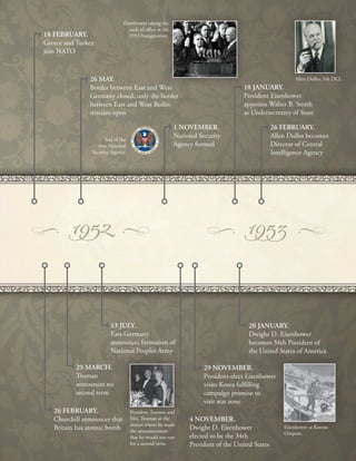  65 
Te DCI, the White House, and Congress 
18 FEBRUARY.
Greece and Turkey
join NATO
remains open
Seal of the
new National
Security Agency.
26 MAY.
Border between East and West
Germany closed, only the border
between East and West Berlin
18 JANUARY.
President Eisenhower
appoints Walter B. Smith
as Undersecretary of State
1 NOVEMBER.
National Security
Agency formed
26 FEBRUARY.
Allen Dulles becomes
Director of Central
Eisenhower taking the
oath of ofce at the
1953 Inauguration.
Allen Dulles, 5th DCI.
29 MARCH.
Truman
announces no
second term
26 FEBRUARY.
Churchill announces that
Britain has atomic bomb
13 JULY.
East Germany
announces formation of
National Peoples Army
President Truman and
Mrs. Truman at the
dinner where he made
the announcement
that he would not run
for a second term.
Intelligence Agency
20 JANUARY.
Dwight D. Eisenhower
becomes 34th President of
the United States of America
29 NOVEMBER.
President-elect Eisenhower
visits Korea fulflling
campaign promise to
visit war zone
4 NOVEMBER.
Dwight D. Eisenhower
Outpost.
Eisenhower at Korean
elected to be the 34th
President of the United States
 
