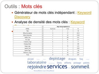 Outils : Mots clés 
 Générateur de mots clés indépendant : Keyword 
Discovery 
 Analyse de densité des mots clés : Keyword 
Density Analyzer 
 Extraction de nuage de tags : Tag Cloud 
Generator 
 