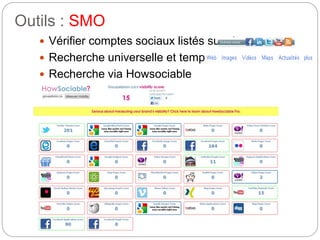 Outils : SMO 
 Vérifier comptes sociaux listés sur site : 
 Recherche universelle et temps réel : 
 Recherche via Howsociable 
 
