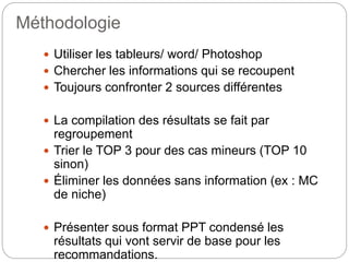 Méthodologie 
 Utiliser les tableurs/ word/ Photoshop 
 Chercher les informations qui se recoupent 
 Toujours confronter 2 sources différentes 
 La compilation des résultats se fait par 
regroupement 
 Trier le TOP 3 pour des cas mineurs (TOP 10 
sinon) 
 Éliminer les données sans information (ex : MC 
de niche) 
 Présenter sous format PPT condensé les 
résultats qui vont servir de base pour les 
recommandations. 
 