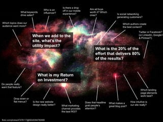 What makes a
great blog post?
flickr.com/photos/47476117@N04/8394780999
Which landing
page elements
work best?
Is social networking
generating customers?
What keywords
drive sales?
Who is an
influencer?
Drop down or
flat menus?
Which authors create
the best content?
Which topics does our
audience want more?
Is the new website
design really better?
Are ad buys
worth it? Which
ones?
Do people really
want that feature?
When we add to the
site, what’s the
utility impact?
What is the 20% of the
effort that delivers 80%
of the results?
What is my Return
on Investment?
Does that headline
grab people’s
attention?
Is there a drop
off in our mobile
experience?
Twitter or Facebook?
(or LinkedIn, Google+,
& Pintrest?)
What marketing
channel provides
the best ROI?
How intuitive is
our site really?
 
