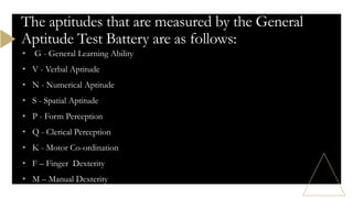 • G - General Learning Ability
• V - Verbal Aptitude
• N - Numerical Aptitude
• S - Spatial Aptitude
• P - Form Perception
• Q - Clerical Perception
• K - Motor Co-ordination
• F – Finger Dexterity
• M – Manual Dexterity
The aptitudes that are measured by the General
Aptitude Test Battery are as follows:
 