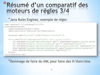 *
    *Java Rules Engines, exemple de règle:




    *Dommage de faire du XML pour faire des if/then/else
                               8
 