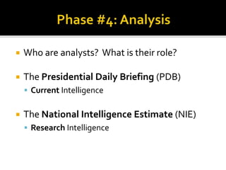  Who are analysts? What is their role?
 The Presidential Daily Briefing (PDB)
 Current Intelligence
 The National Intelligence Estimate (NIE)
 Research Intelligence
 