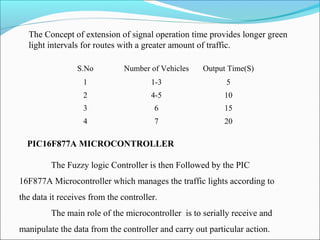 The Concept of extension of signal operation time provides longer green
light intervals for routes with a greater amount of traffic.
S.No Number of Vehicles Output Time(S)
1 1-3 5
2 4-5 10
3 6 15
4 7 20
PIC16F877A MICROCONTROLLER
The Fuzzy logic Controller is then Followed by the PIC
16F877A Microcontroller which manages the traffic lights according to
the data it receives from the controller.
The main role of the microcontroller is to serially receive and
manipulate the data from the controller and carry out particular action.
 