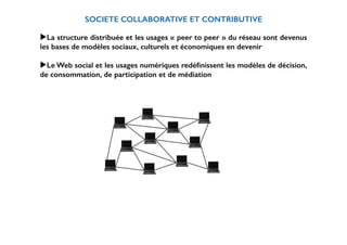 ! 
SOCIETE COLLABORATIVE ET CONTRIBUTIVE 
! 
▶La structure distribuée et les usages « peer to peer » du réseau sont devenus 
les bases de modèles sociaux, culturels et économiques en devenir 
! 
▶Le Web social et les usages numériques redéfinissent les modèles de décision, 
de consommation, de participation et de médiation 
! 
!!!!!!!!!!!!!!!!!! 
 