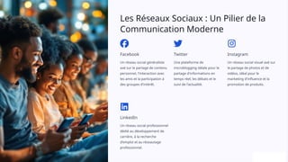 Les Réseaux Sociaux : Un Pilier de la
Communication Moderne
Facebook
Un réseau social généraliste
axé sur le partage de contenu
personnel, l'interaction avec
les amis et la participation à
des groupes d'intérêt.
Twitter
Une plateforme de
microblogging idéale pour le
partage d'informations en
temps réel, les débats et le
suivi de l'actualité.
Instagram
Un réseau social visuel axé sur
le partage de photos et de
vidéos, idéal pour le
marketing d'influence et la
promotion de produits.
LinkedIn
Un réseau social professionnel
dédié au développement de
carrière, à la recherche
d'emploi et au réseautage
professionnel.
 