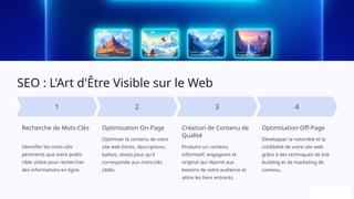 SEO : L'Art d'Être Visible sur le Web
Recherche de Mots-Clés
Identifier les mots-clés
pertinents que votre public
cible utilise pour rechercher
des informations en ligne.
Optimisation On-Page
Optimiser le contenu de votre
site web (titres, descriptions,
balises, texte) pour qu'il
corresponde aux mots-clés
ciblés.
Création de Contenu de
Qualité
Produire un contenu
informatif, engageant et
original qui répond aux
besoins de votre audience et
attire les liens entrants.
Optimisation Off-Page
Développer la notoriété et la
crédibilité de votre site web
grâce à des techniques de link
building et de marketing de
contenu.
 