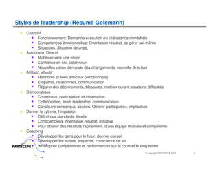 Styles de leadership (Résumé Golemann)
       Coercitif
                Fonctionnement: Demande exécution ou obéissance immédiate
                Compétences émotionnelles: Orientation résultat, se gérer soi-même
                Situations: Situation de crise,
       Autoritaire, Directif
                Mobiliser vers une vision
                Confiance en soi, catalyseur
                Nouvelles vision demande des changements, nouvelle direction
       Affiliatif, affectif
                Harmonie et liens amicaux (émotionnels)
                Empathie, relationnels, communication
                Réparer des déchirements, blessures, motiver durant situations difficultés
       Démocratique
                Consensus, participation et information
                Collaboration, team leadership, communication
                Construire consensus, soutien. Obtenir participation, implication
       Donner le rythme, l’impulsion
                Définit des standards élevés
                Consciencieux, orientation résultat, initiative
                Pour obtenir des résultats rapidement, d’une équipe motivée et compétente
       Coaching
                Développer les gens pour le futur, donner conseil
                Développer les autres, empathie, conscience de soi
PARTICEPS       développer compétences et performances sur le court et le long terme
                                                                             © Copyright PARTICEPS 2009   3
 