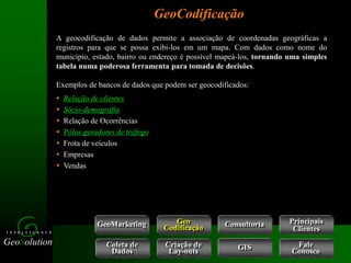 GeoSolution
I N T E L L I G E N C E
A geocodificação de dados permite a associação de coordenadas geográficas a
registros para que se possa exibi-los em um mapa. Com dados como nome do
município, estado, bairro ou endereço é possível mapeá-los, tornando uma simples
tabela numa poderosa ferramenta para tomada de decisões.
Exemplos de bancos de dados que podem ser geocodificados:
 Relação de clientes
 Sócio-demografia
 Relação de Ocorrências
 Pólos geradores de tráfego
 Frota de veículos
 Empresas
 Vendas
GeoCodificação
GeoMarketing Consultoria
Coleta de
Dados
Criação de
Lay-outs
Geo
Codificação
Fale
Conosco
GIS
Principais
Clientes
 