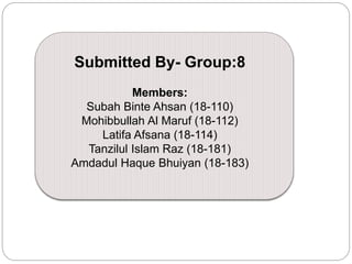 Submitted By- Group:8
Members:
Subah Binte Ahsan (18-110)
Mohibbullah Al Maruf (18-112)
Latifa Afsana (18-114)
Tanzilul Islam Raz (18-181)
Amdadul Haque Bhuiyan (18-183)
 