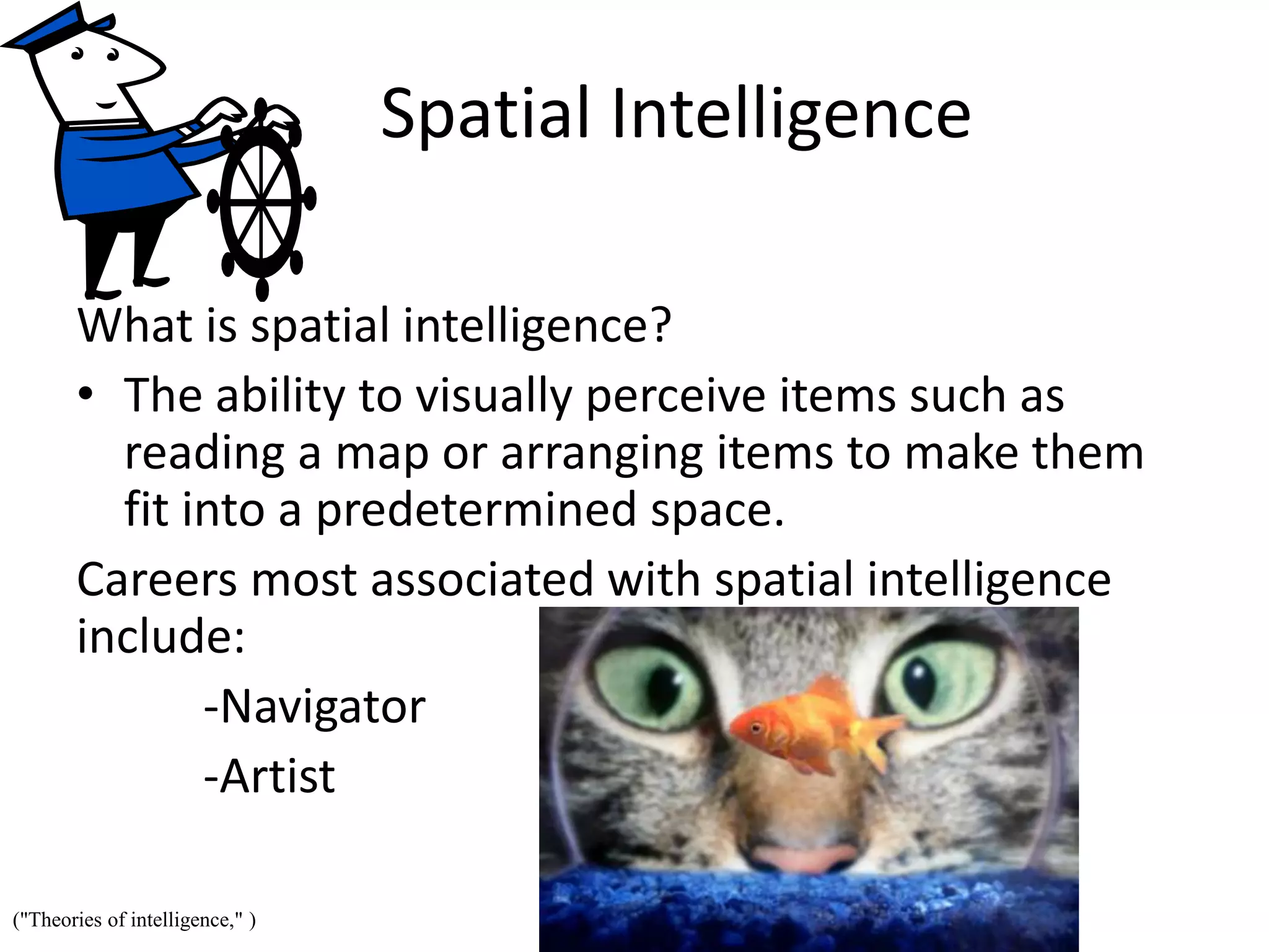 Spatial Intelligence
What is spatial intelligence?
• The ability to visually perceive items such as
reading a map or arranging items to make them
fit into a predetermined space.
Careers most associated with spatial intelligence
include:
-Navigator
-Artist
("Theories of intelligence," )
 