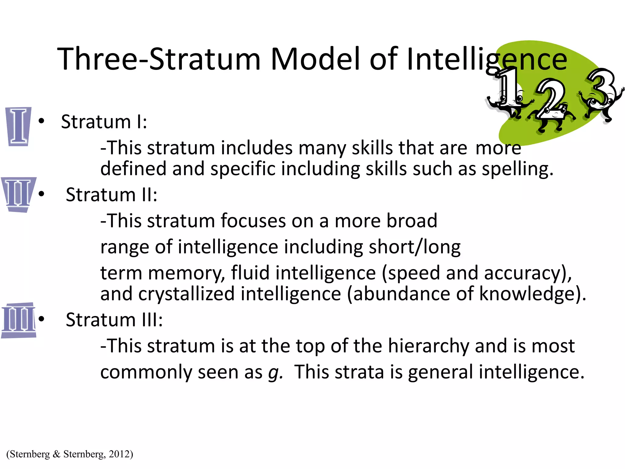 Three-Stratum Model of Intelligence
• Stratum I:
-This stratum includes many skills that are more
defined and specific including skills such as spelling.
• Stratum II:
-This stratum focuses on a more broad
range of intelligence including short/long
term memory, fluid intelligence (speed and accuracy),
and crystallized intelligence (abundance of knowledge).
• Stratum III:
-This stratum is at the top of the hierarchy and is most
commonly seen as g. This strata is general intelligence.
(Sternberg & Sternberg, 2012)
 