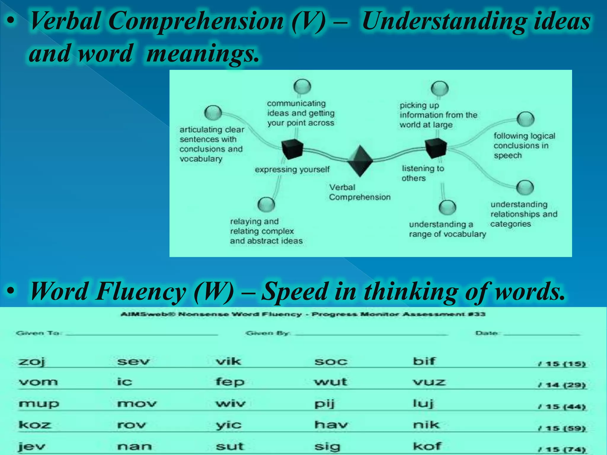 • Verbal Comprehension (V) – Understanding ideas
and word meanings.
• Word Fluency (W) – Speed in thinking of words.
 