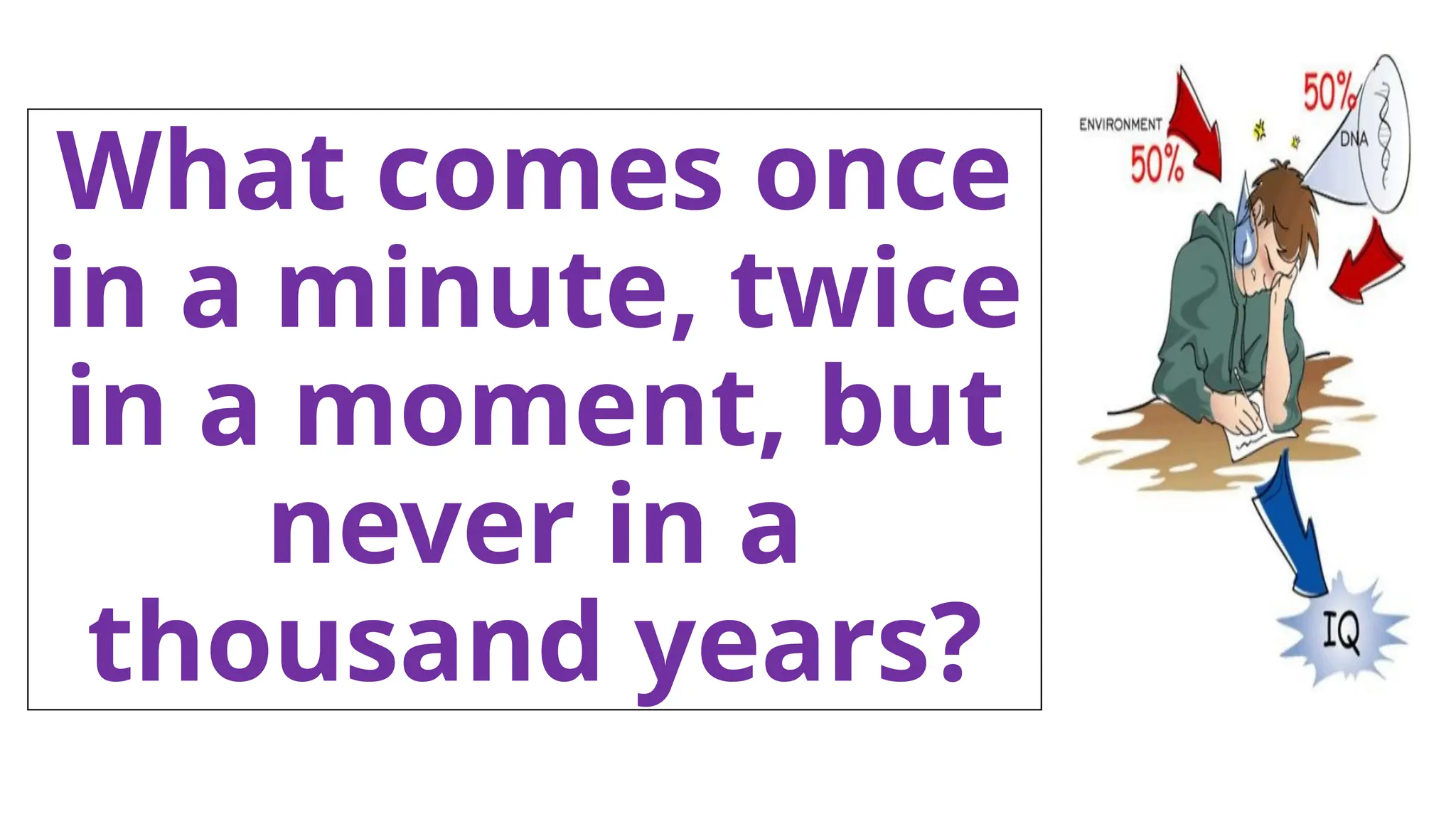 What comes once
in a minute, twice
in a moment, but
never in a
thousand years?