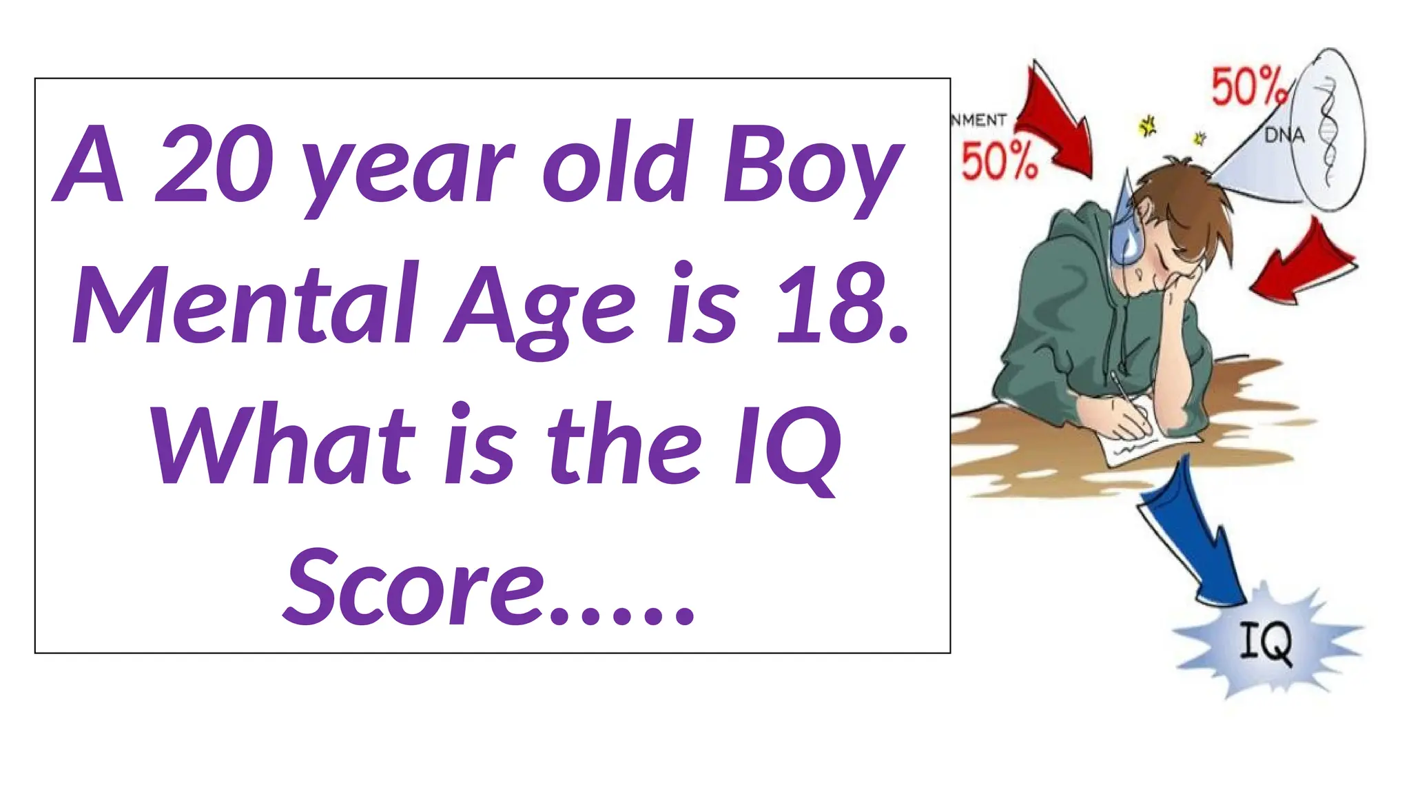 A 20 year old Boy
Mental Age is 18.
What is the IQ
Score.....