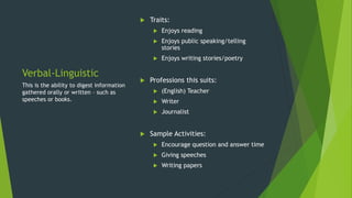 Verbal-Linguistic
 Traits:
 Enjoys reading
 Enjoys public speaking/telling
stories
 Enjoys writing stories/poetry
 Professions this suits:
 (English) Teacher
 Writer
 Journalist
 Sample Activities:
 Encourage question and answer time
 Giving speeches
 Writing papers
This is the ability to digest information
gathered orally or written – such as
speeches or books.
 