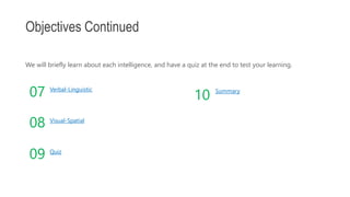 Quiz
Visual-Spatial
Verbal-Linguistic
09
08
07
We will briefly learn about each intelligence, and have a quiz at the end to test your learning.
Objectives Continued
10 Summary
 